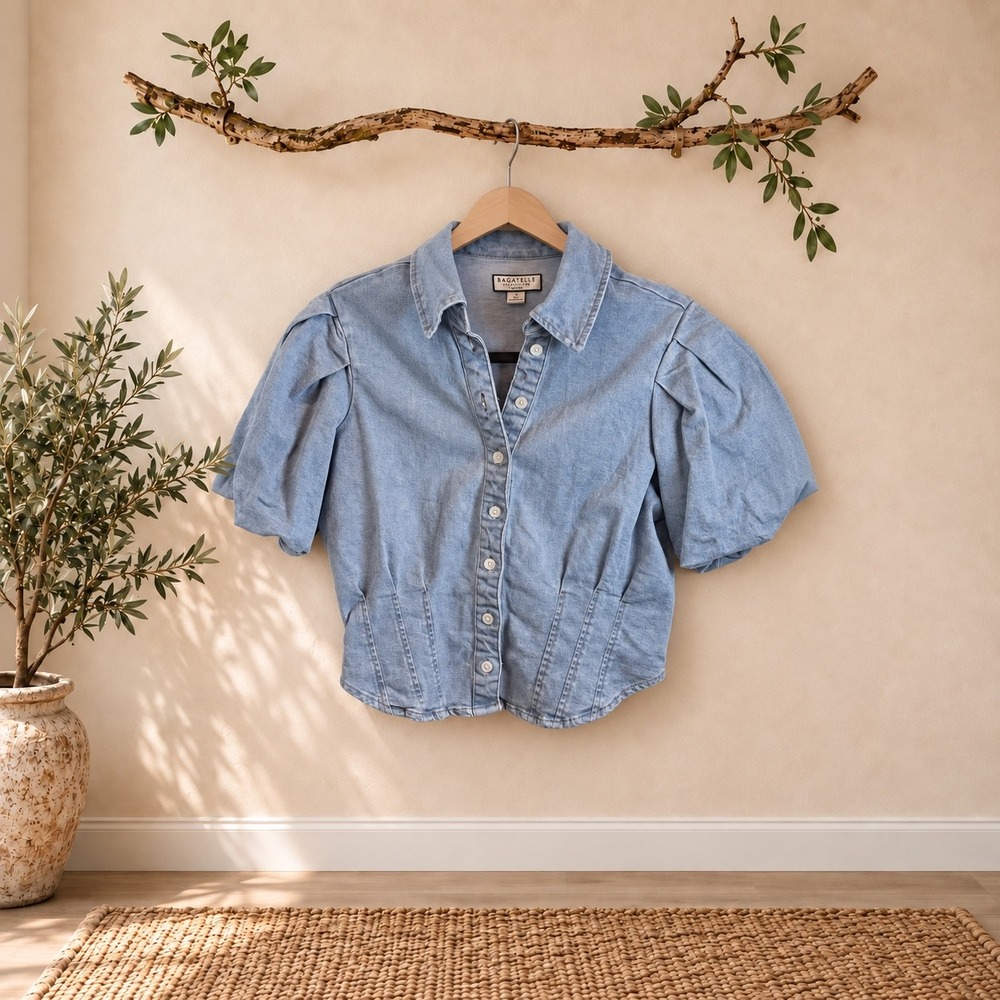 Bagatelle Collection Denim Corset Top Light Wash Puff Sleeve Button Down Small